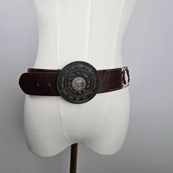 Chicos Small Genuine Leather Belt Aztec Medallion Buckle Brown Beaded - Picture 6 of 15